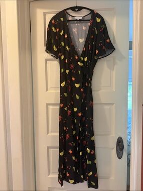 Never Fully Dressed Black Fruit-Print Maxi Wrap Dress